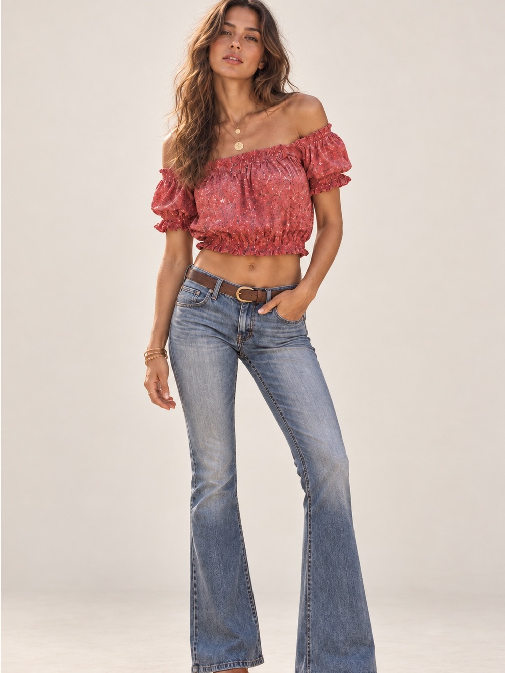 Super vintage Free People Red Off-Shoulder Smocked Crop Top